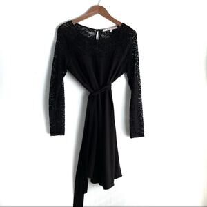 Phistic black tie waist dress with lace upper and sleeves